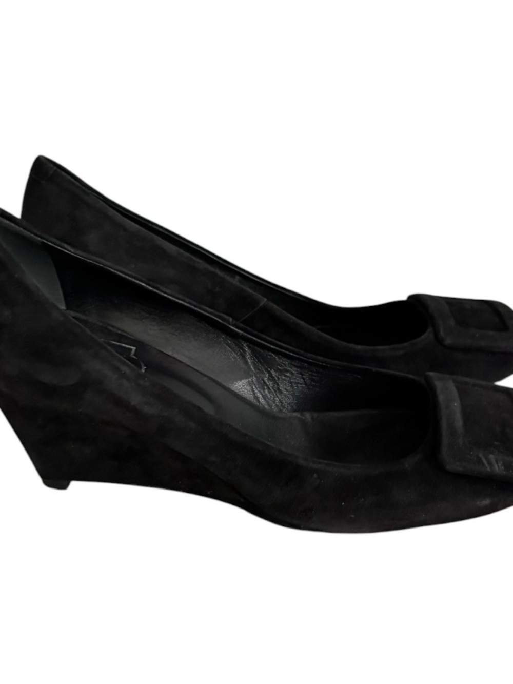 Black Women's Suede Square-Toe Pumps with Decorative Buckle - Picture 2 of 5